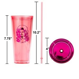 NEW Dolly Parton Translucent Pink Plastic Tumbler Straw Cup Dollywood Country